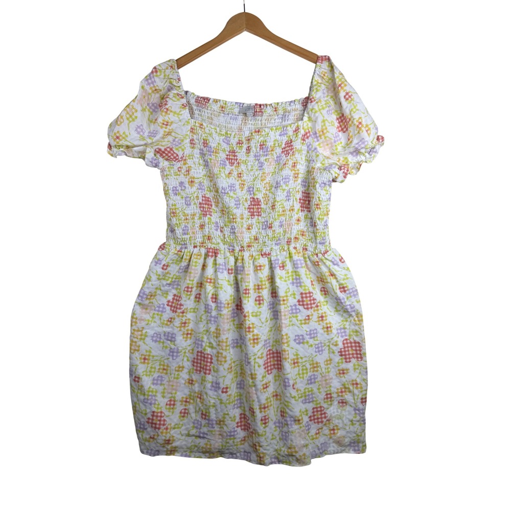 LOFT Gingham Flower Print Smocked Puff Sleeve Mini Dress size XXL White/Purple